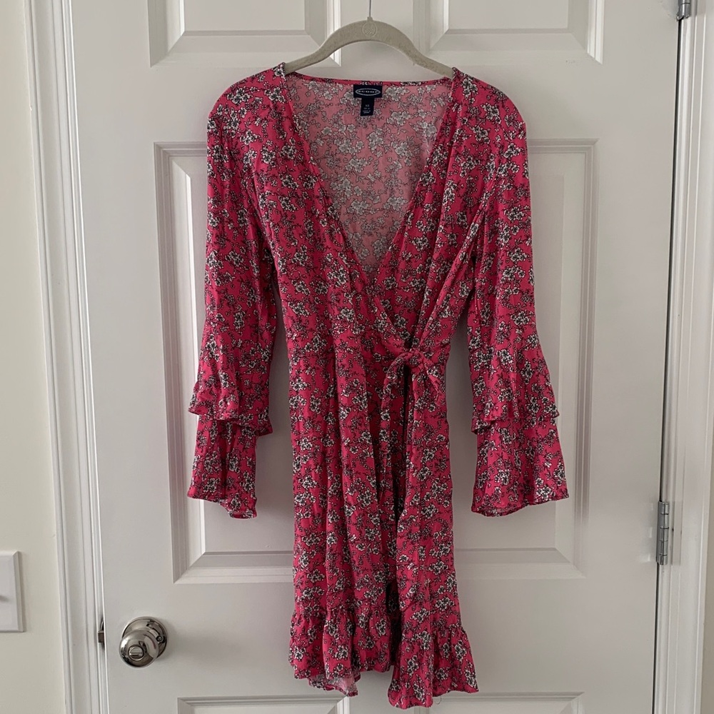 Floral Pink Wrap Dress with Ruffle Sleeves XS